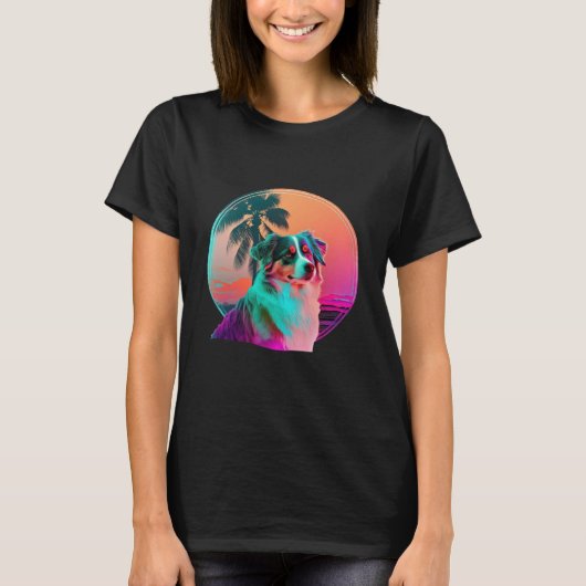 Australian Shepherd Synthwave 80s Retrowave Esthet T-shirt (Voorkant)