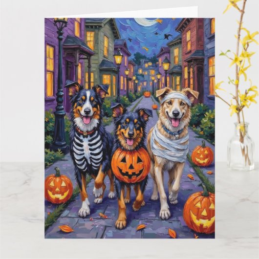 Australian Shepherd Trick-or-Treating met Hallowee Kaart (Gele Bloem)