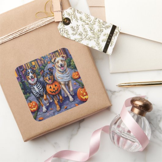 Australian Shepherd Trick-or-Treating met Hallowee Vierkante Sticker (Geschenken)