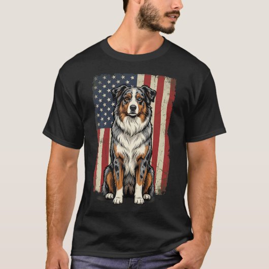Australian Shepherd Usa Vlag 4De Van T-shirt (Voorkant)