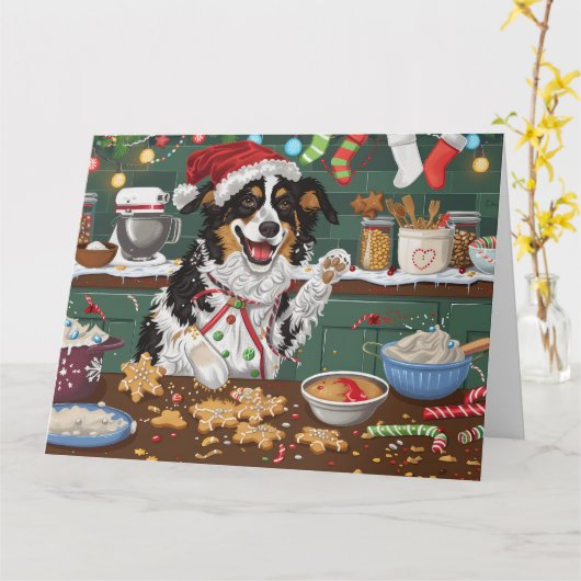 Australian Shepherd Vakantie Bakken Kerstmis Kaart (Gele Bloem)