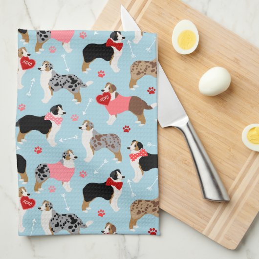 Australian Shepherd Valentine Pattern Theedoek (Quarter Fold)