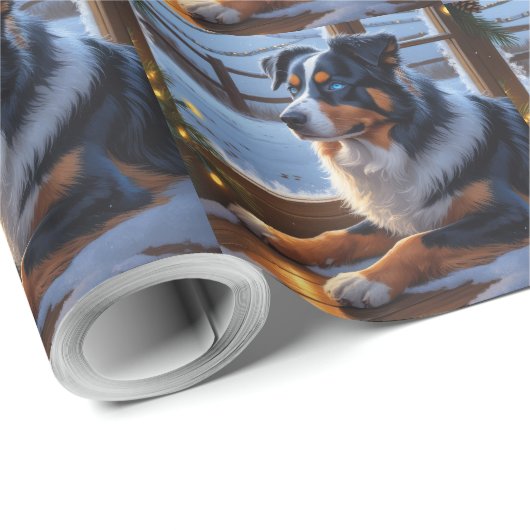 Australian Shepherd With Christmas Lights Holiday Cadeaupapier (Rol Hoek)