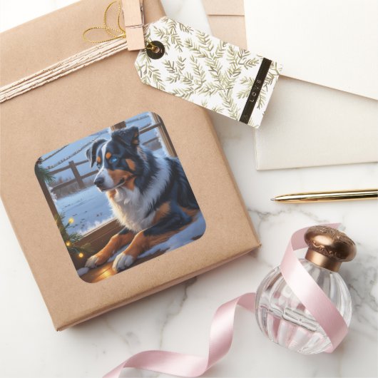 Australian Shepherd With Christmas Lights Holiday Vierkante Sticker (Geschenken)