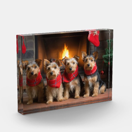 Australian Terrier bij de open haard Kerstmis Fotoblokken (Links)