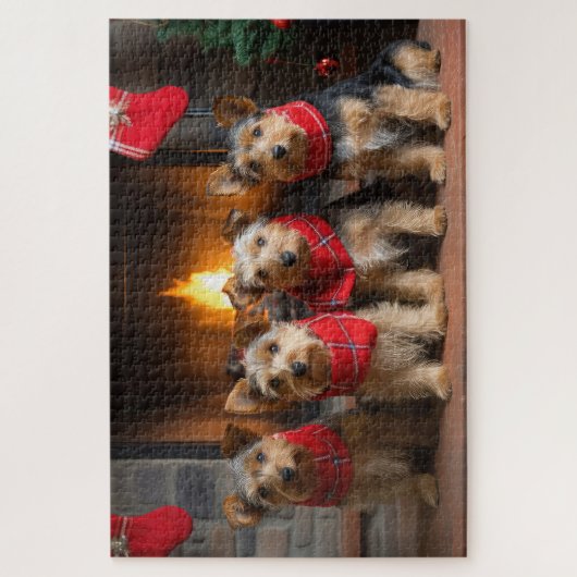 Australian Terrier bij de open haard Kerstmis Legpuzzel (Verticaal)
