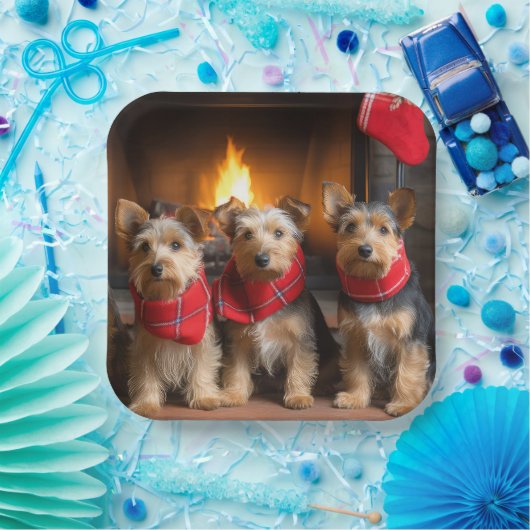 Australian Terrier bij de open haard Kerstmis Papieren Bordje (Feest)