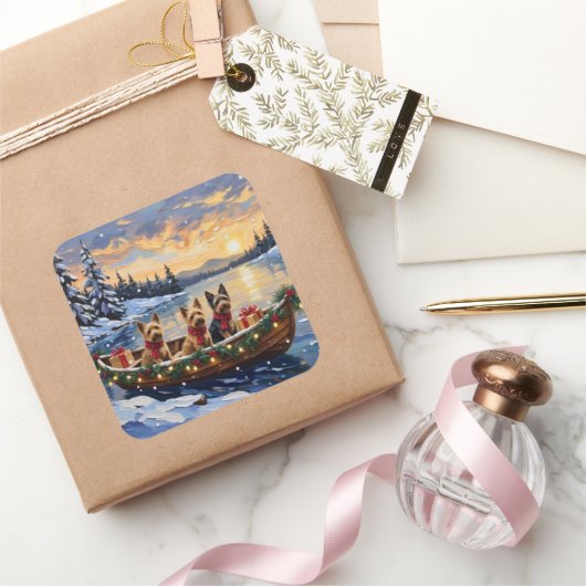 Australian Terrier Christmas Boat Holiday Vierkante Sticker (Geschenken)