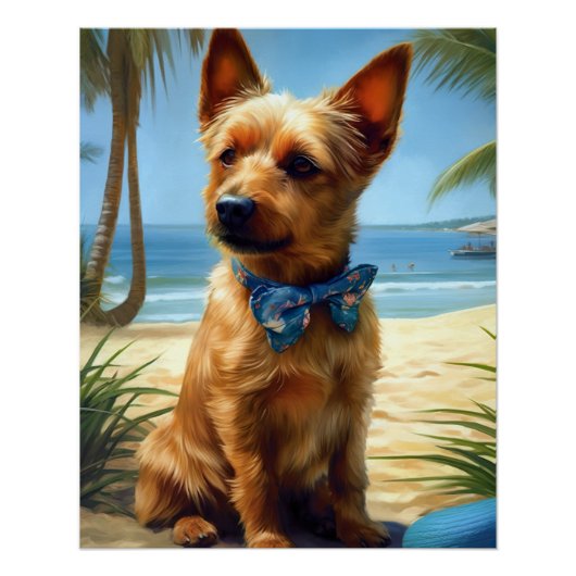Australian Terrier On Beach hondenliefhebber zomer Perfect Poster (Voorkant)