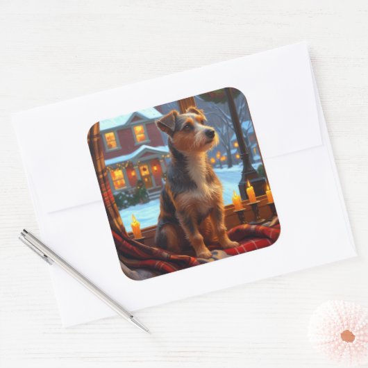 Australian Terrier With Christmas Lights Holiday Vierkante Sticker (Envelop)