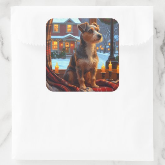 Australian Terrier With Christmas Lights Holiday Vierkante Sticker (Tas)