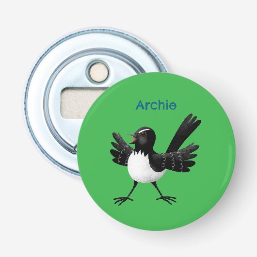 Australian Willie Wagtail cartoon gepersonaliseerd Button Flesopener (Voorkant)