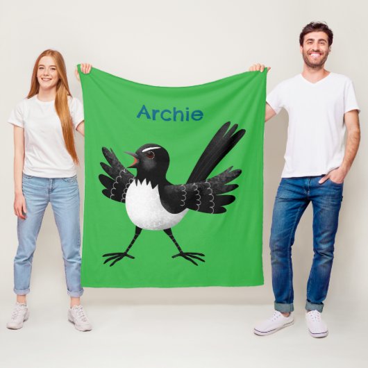 Australian Willie Wagtail cartoon gepersonaliseerd Fleece Deken (In situ)