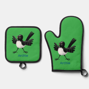 Australian Willie Wagtail cartoon gepersonaliseerd Ovenwant & Pannenlap Set