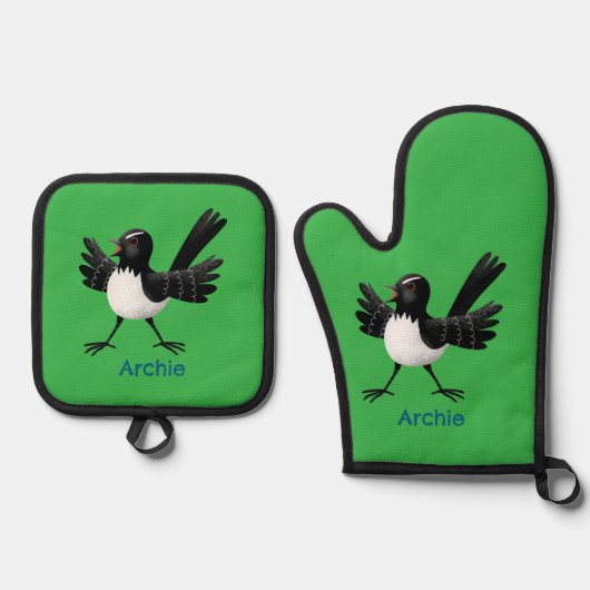 Australian Willie Wagtail cartoon gepersonaliseerd Ovenwant & Pannenlap Set (Voorkant)