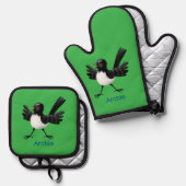 Australian Willie Wagtail cartoon gepersonaliseerd Ovenwant & Pannenlap Set (Voorkant / Achterkant)