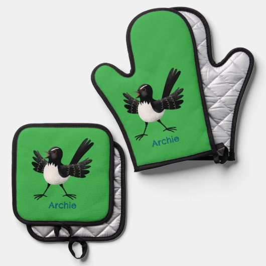 Australian Willie Wagtail cartoon gepersonaliseerd Ovenwant & Pannenlap Set (Voorkant / Achterkant)