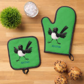 Australian Willie Wagtail cartoon gepersonaliseerd Ovenwant & Pannenlap Set (Top down)