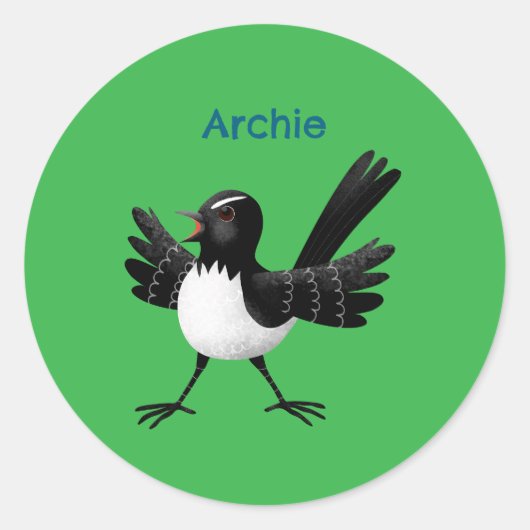 Australian Willie Wagtail cartoon gepersonaliseerd Ronde Sticker (Voorkant)