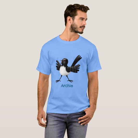 Australian Willie Wagtail cartoon gepersonaliseerd T-shirt (Voorkant volledig)