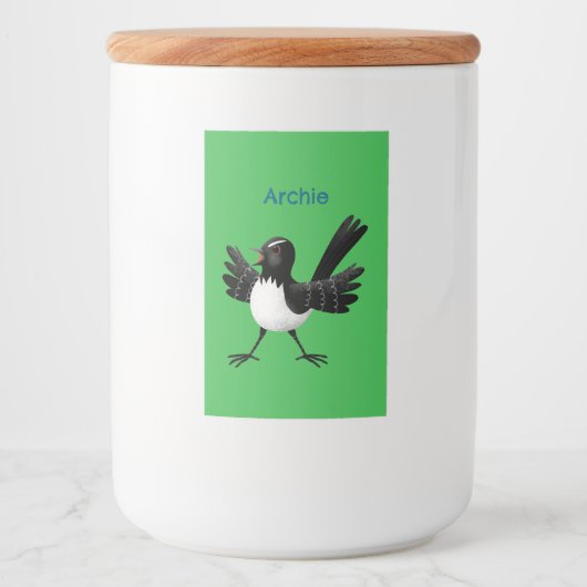 Australian Willie Wagtail cartoon gepersonaliseerd Voedselcontainer Etiket (Voorkant)