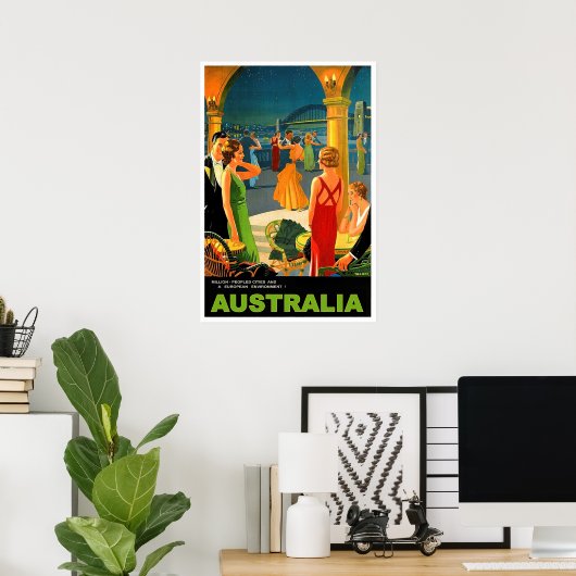 Australië, romantisch avondfeest, vintage-reis poster (Thuiskantoor)
