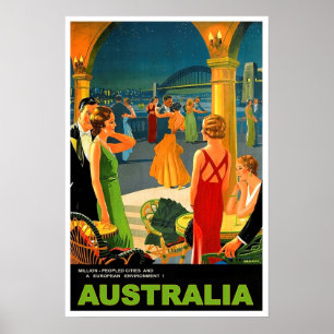 Australië, romantisch avondfeest, vintage-reis poster