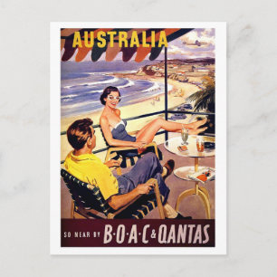 Australië, stel geniet op terras, vintage reis briefkaart