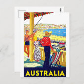 Australië strand, uitzicht, mensen op terras, vint briefkaart (Voorkant / Achterkant)