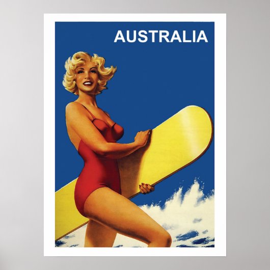 Australië, surfmeisje op het strand, vintage poster (Voorkant)