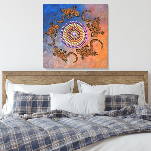 Australisch Aboriginal-stijl Gecko Circle of Life Canvas Afdruk (Insitu (Slaapkamer))