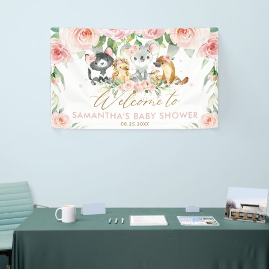 Australisch Baby shower "Animal Pink Floral" Spandoek (Beurs)
