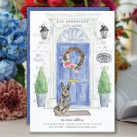 Australisch Briefkaart voor veefokkerij<br><div class="desc">kondig je nieuwe adres aan met onze stijlvolle aankondiging met een Australische Cattle Dog,  een blauwe voordeur aan de voorzijde,  een welkome mat,  een leisteenteken,  een topiaries en een florale poot op een grijze achtergrond.</div>