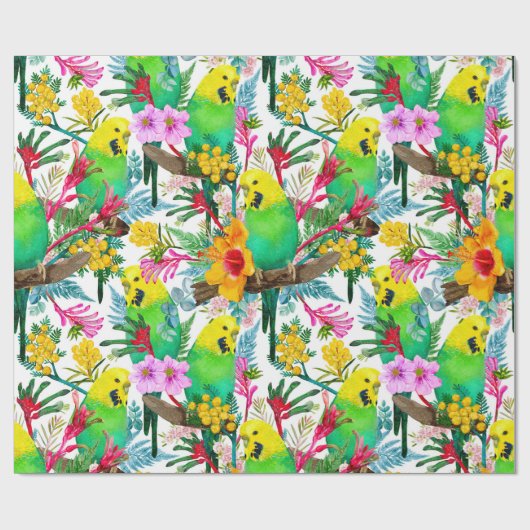 Australisch Budgerigar Wildflower Pattern Cadeaupapier (Vlak)