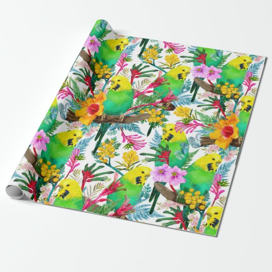 Australisch Budgerigar Wildflower Pattern Cadeaupapier (Uitgerold)