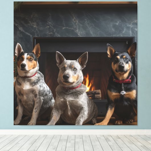 Australisch vee bij de open haard Kerstmis Canvas Afdruk (Insitu (Houten vloer))