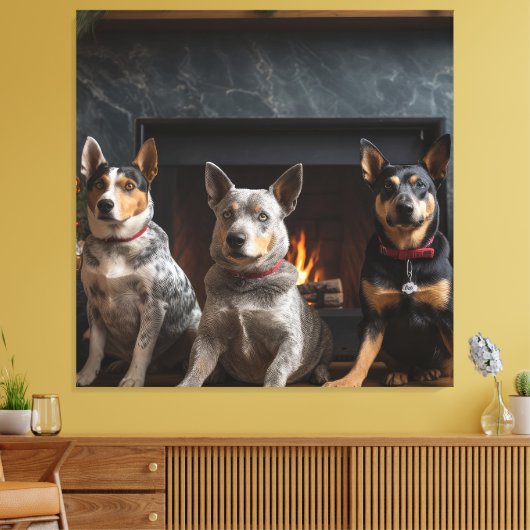 Australisch vee bij de open haard Kerstmis Canvas Afdruk (Insitu (Woonkamer))