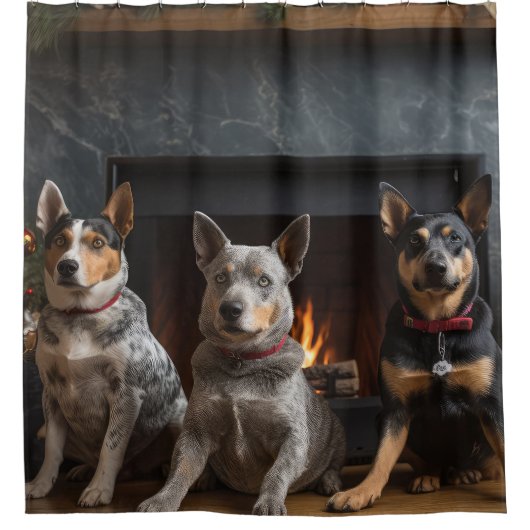 Australisch vee bij de open haard Kerstmis Douchegordijn (Voorkant)