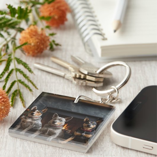 Australisch vee bij de open haard Kerstmis Sleutelhanger (Voorkant Rechts)