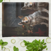 Australisch vee bij de open haard Kerstmis Theedoek (Gevouwen)