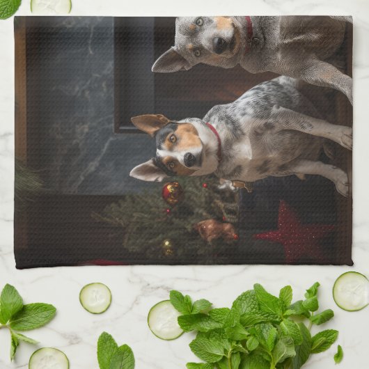 Australisch vee bij de open haard Kerstmis Theedoek (Gevouwen)