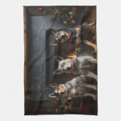 Australisch vee bij de open haard Kerstmis Theedoek (Verticaal)