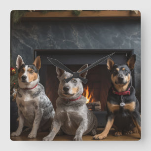 Australisch vee bij de open haard Kerstmis Vierkante Klok