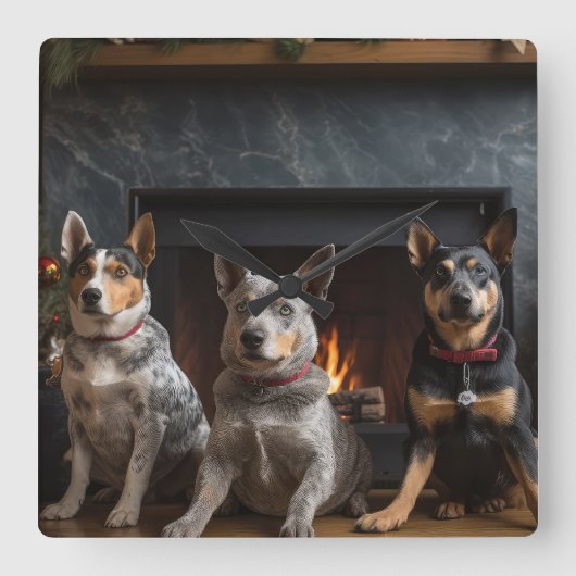 Australisch vee bij de open haard Kerstmis Vierkante Klok (Voorkant)