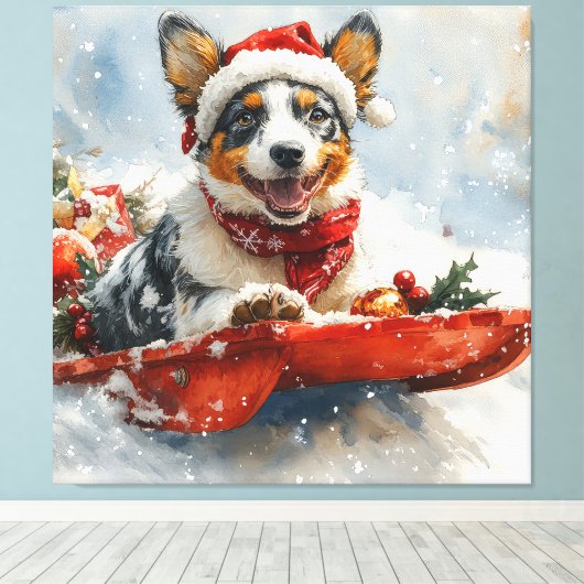 Australisch vee in slee laat het sneeuwen Kerstmis Canvas Afdruk (Insitu (Houten vloer))