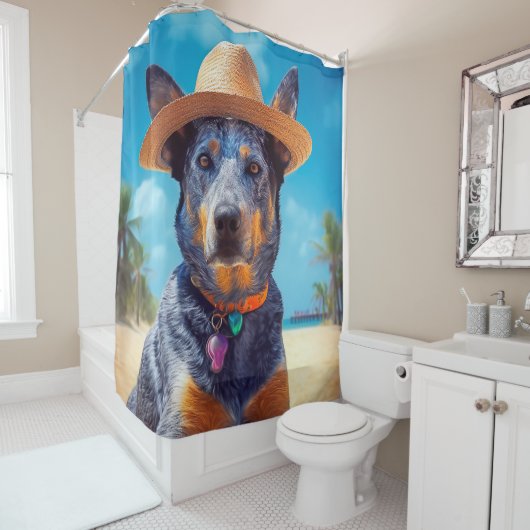 Australisch vee op het strand, hondenliefhebbers z douchegordijn (In situ)