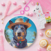 Australisch vee op het strand, hondenliefhebbers z papieren bordje (Feest)