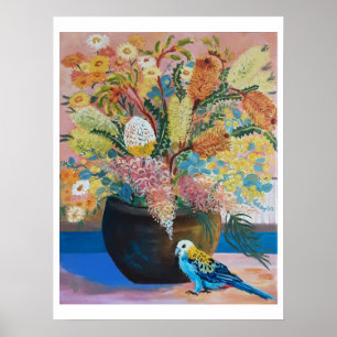 Australische Bleke Rosella en wilde bloemen Poster