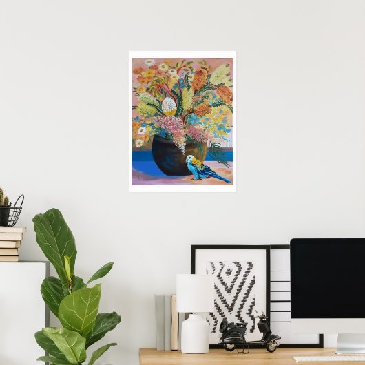 Australische Bleke Rosella en wilde bloemen Poster (Thuiskantoor)