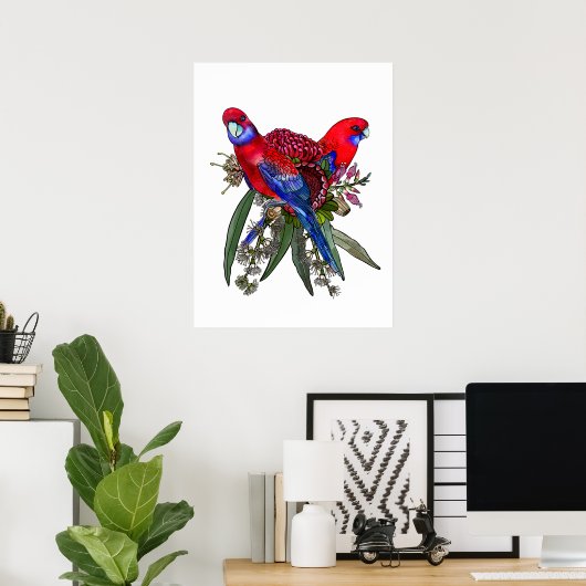 Australische Crimson Rosella en Wildflower Boeket Poster (Thuiskantoor)